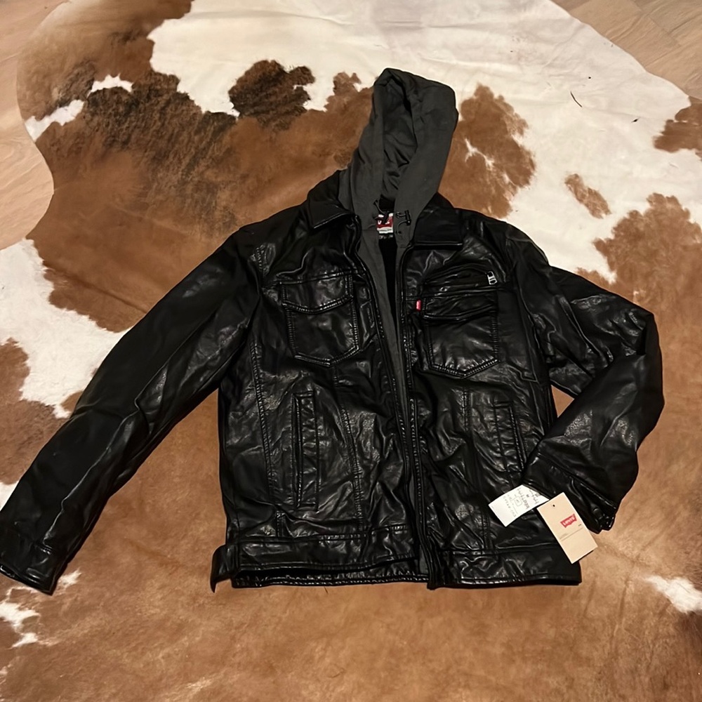 Levi’s faux leather motorcycle jacket with hood